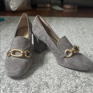 Gray Suede Loafers with Gold Chain Accent